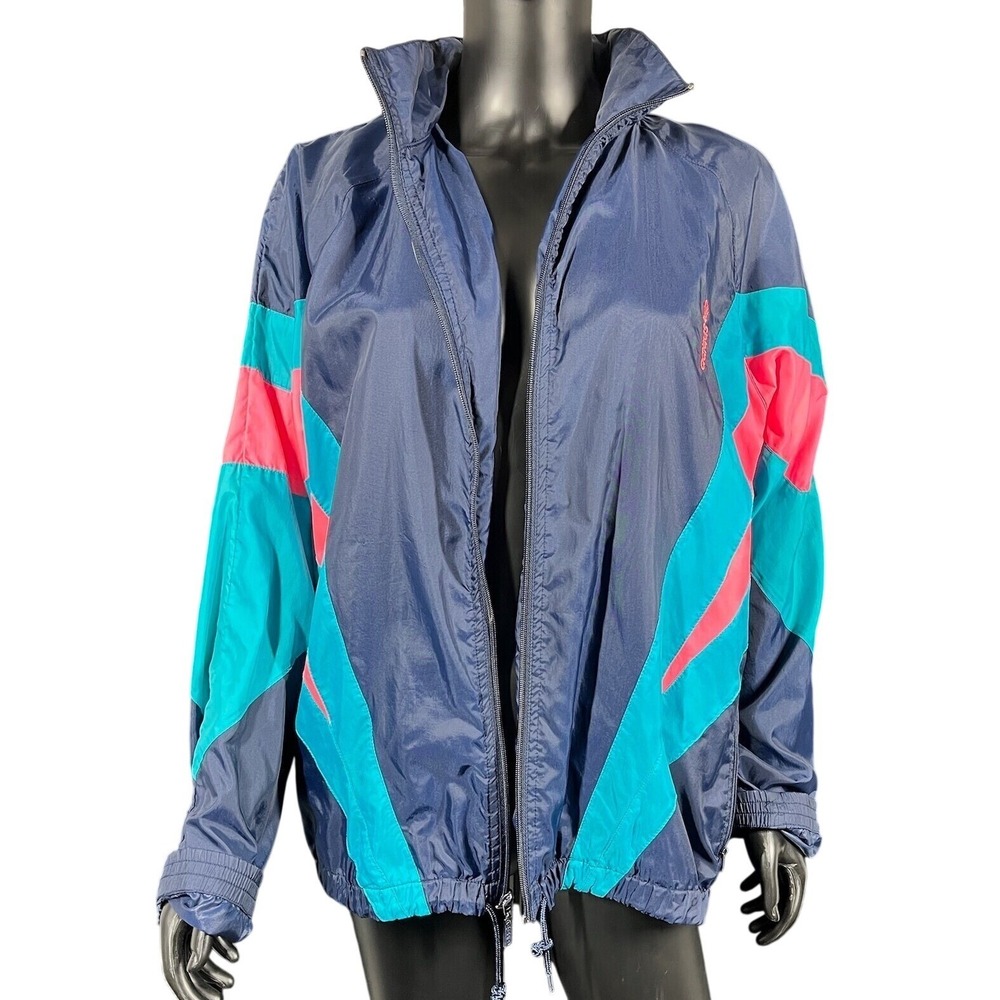 VTG Adidas Men Trefoil Windbreaker Jacket Navy Teal Pink Colorblock Hooded M L